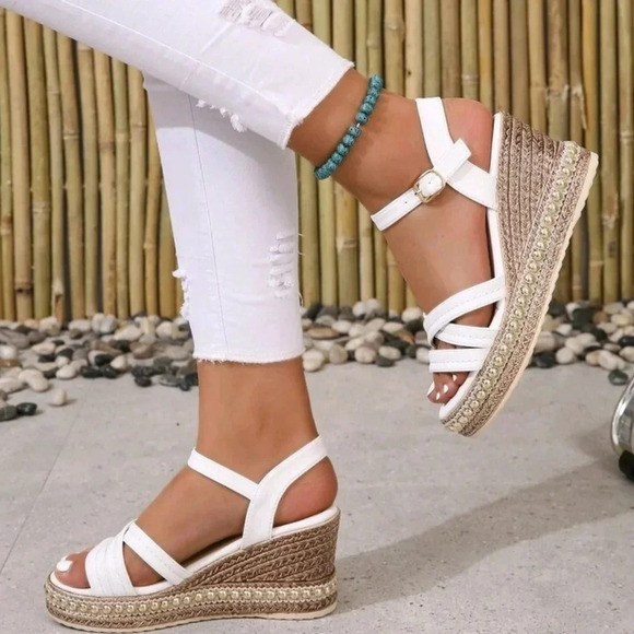Buckle Decor Espadrille Sole Wedge Sandals, Vacation Beach Ankle Strap Sandals - Picture 3 of 6